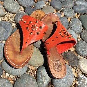 TORY BURCH Orange & Gold Studded Flats